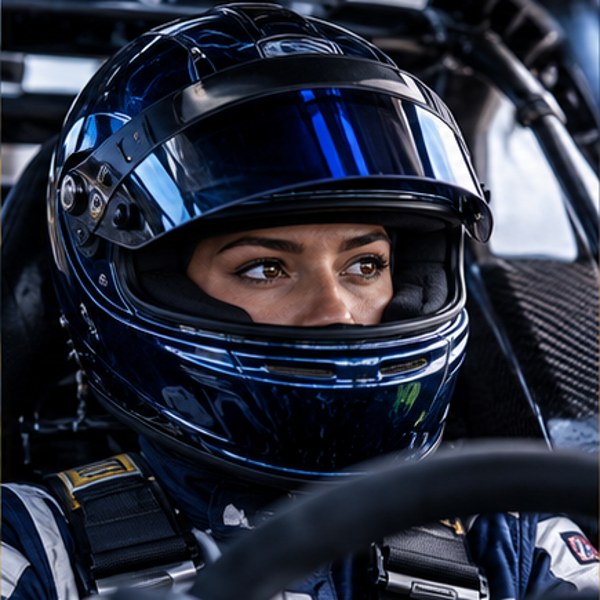 Motor sports driver in racing helmet